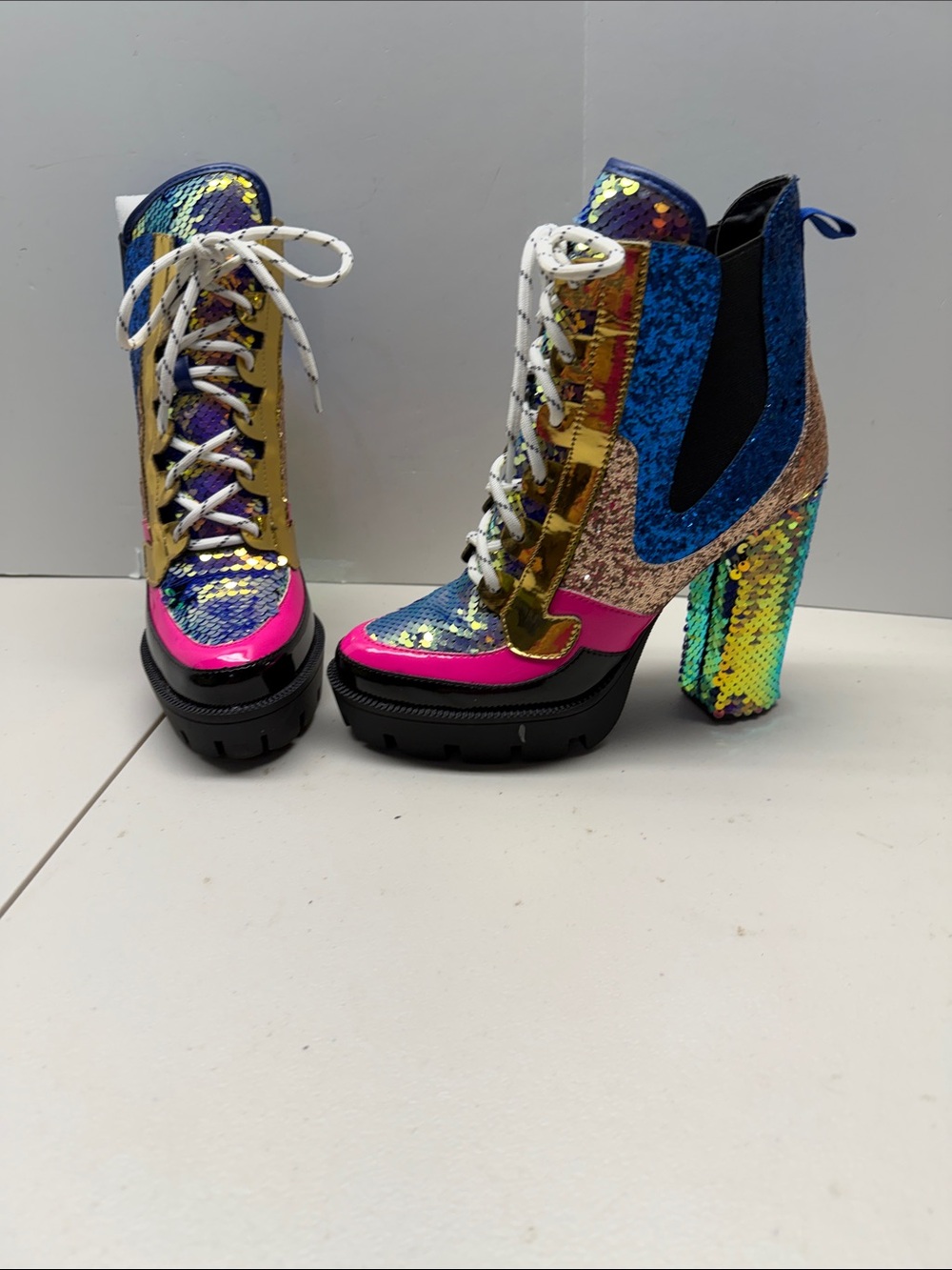 Cape Robbin Nell Chunky Boots Sequin Glitter Platform Pink Gold Sz 7.5